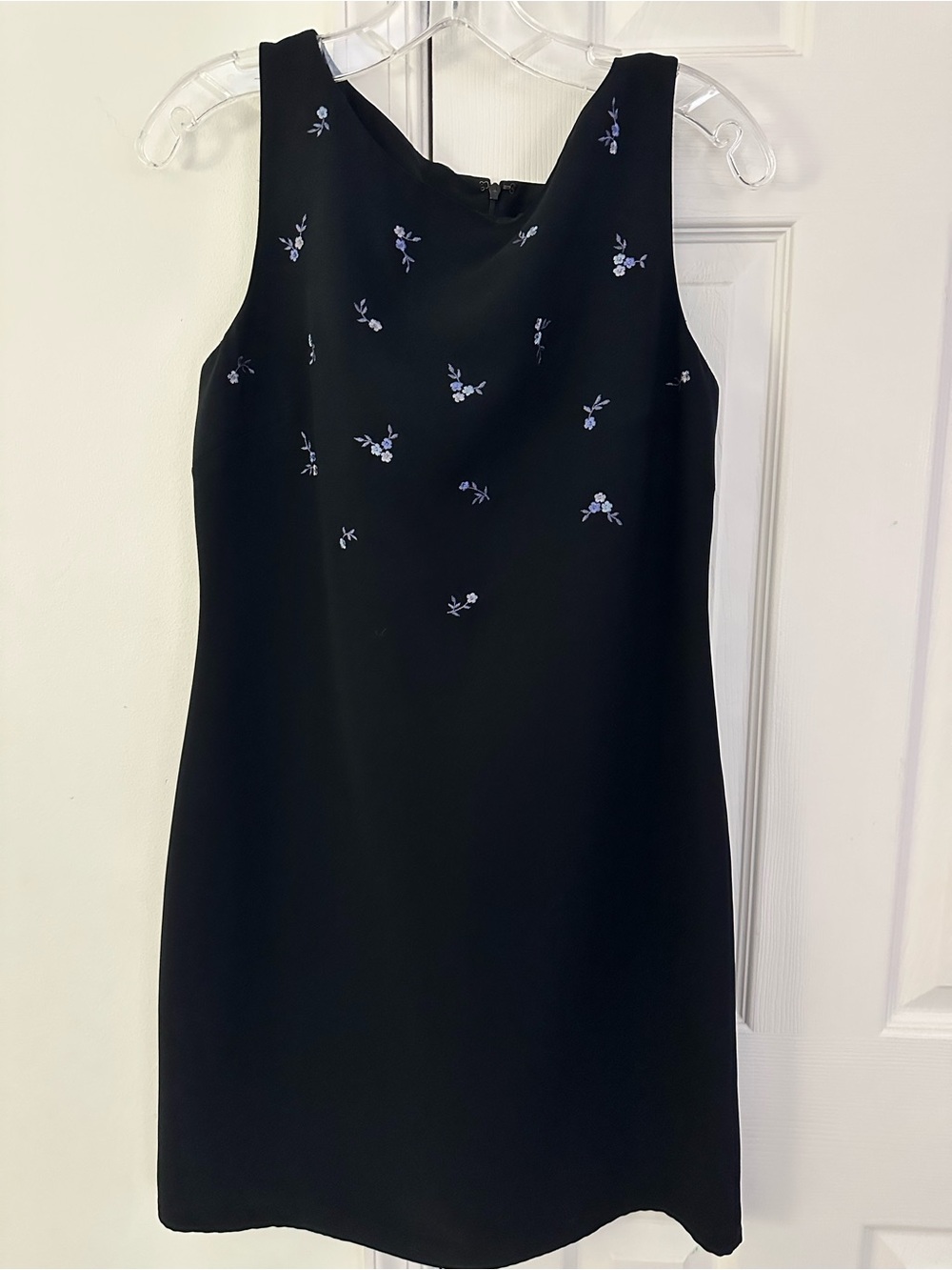 Ann Taylor Black Sleeveless Mini Dress with Light Lilac Floral Embroidery